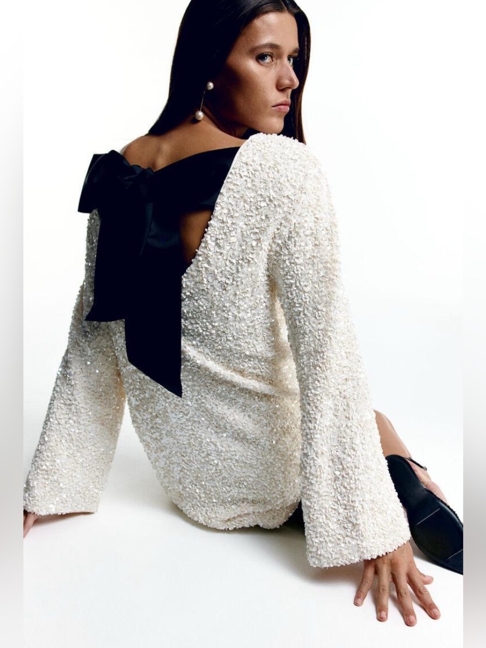 H&M Ivory Sequin Long-Sleeve Dress with Black Back Bow
